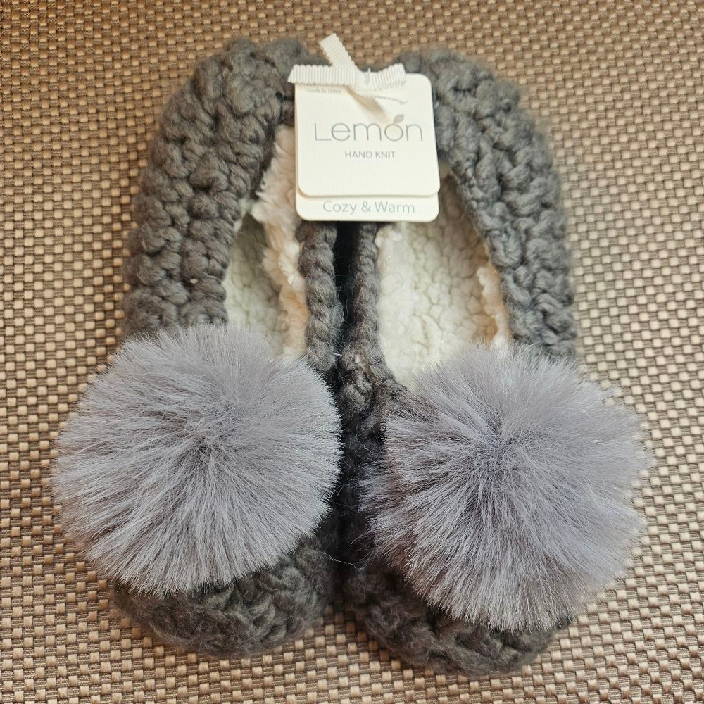 Women's Lemon Gray Hand Knit Slippers with Pom Poms